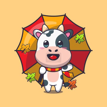 Illustration for Cute cow with umbrella at autumn season. Mascot cartoon vector illustration suitable for poster, brochure, web, mascot, sticker, logo and icon. - Royalty Free Image