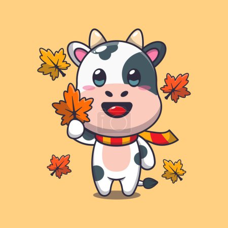 Illustration for Cute cow holding autumn leaf. Mascot cartoon vector illustration suitable for poster, brochure, web, mascot, sticker, logo and icon. - Royalty Free Image