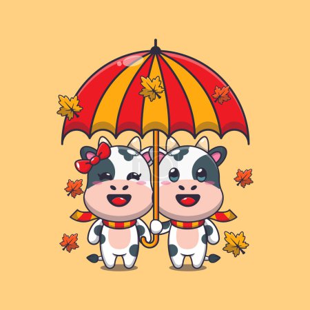 Téléchargez les illustrations : Mignon couple vache avec parapluie à l'automne. Illustration vectorielle de dessin animé mascotte adaptée à l'affiche, brochure, web, mascotte, autocollant, logo et icône. - en licence libre de droit