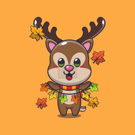 Ilustración de Lindo ciervo con decoración de hojas de otoño. Ilustración de vectores de dibujos animados de mascotas adecuada para póster, folleto, web, mascota, pegatina, logotipo e icono. - Imagen libre de derechos