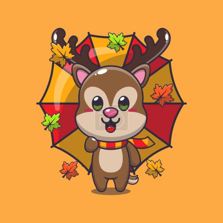 Illustration for Cute deer with umbrella at autumn season. Mascot cartoon vector illustration suitable for poster, brochure, web, mascot, sticker, logo and icon. - Royalty Free Image