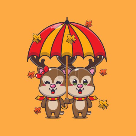 Illustration for Cute couple deer with umbrella at autumn season. Mascot cartoon vector illustration suitable for poster, brochure, web, mascot, sticker, logo and icon. - Royalty Free Image