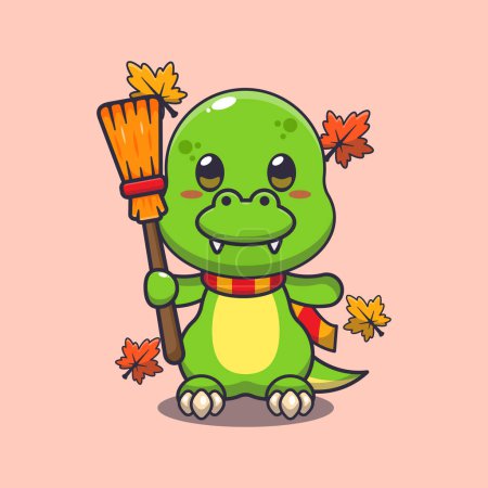 Illustration for Cute autumn dino holding broom. Mascot cartoon vector illustration suitable for poster, brochure, web, mascot, sticker, logo and icon. - Royalty Free Image