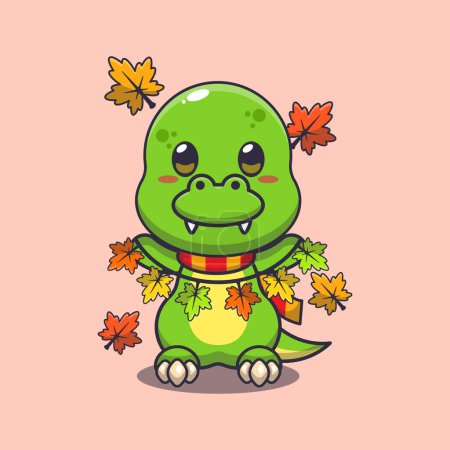 Ilustración de Lindo dino con decoración de hojas de otoño. Ilustración de vectores de dibujos animados de mascotas adecuada para póster, folleto, web, mascota, pegatina, logotipo e icono. - Imagen libre de derechos