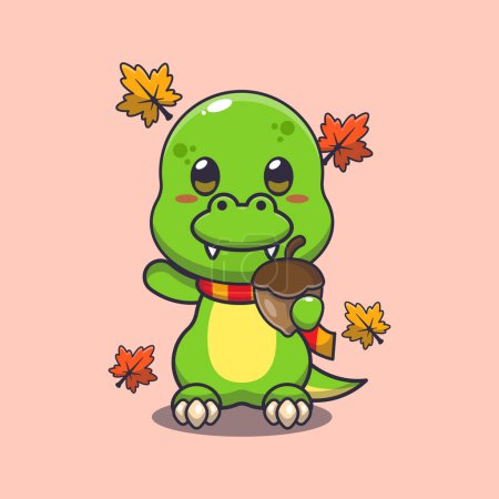 Illustration for Cute dino with acorns at autumn season. Mascot cartoon vector illustration suitable for poster, brochure, web, mascot, sticker, logo and icon. - Royalty Free Image