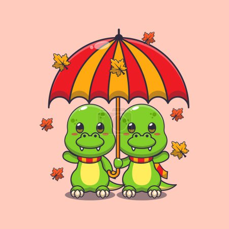 Illustration for Cute couple dino with umbrella at autumn season. Mascot cartoon vector illustration suitable for poster, brochure, web, mascot, sticker, logo and icon. - Royalty Free Image