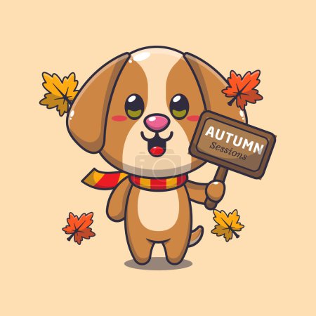 Illustration for Cute dog with autumn sign board. Mascot cartoon vector illustration suitable for poster, brochure, web, mascot, sticker, logo and icon. - Royalty Free Image