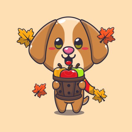 Ilustración de Lindo perro sosteniendo una manzana en un cubo de madera. Ilustración de vectores de dibujos animados de mascotas adecuada para póster, folleto, web, mascota, pegatina, logotipo e icono. - Imagen libre de derechos