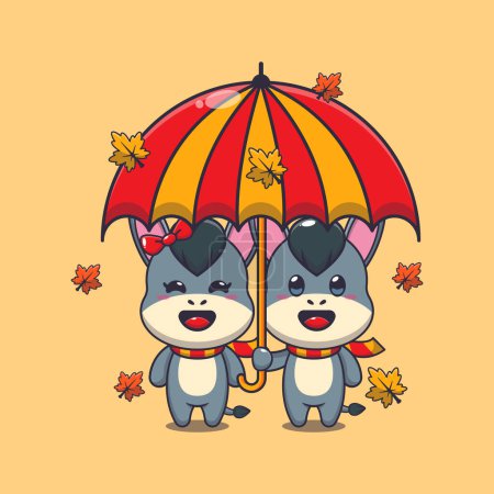 Illustration for Cute couple donkey with umbrella at autumn season. Mascot cartoon vector illustration suitable for poster, brochure, web, mascot, sticker, logo and icon. - Royalty Free Image