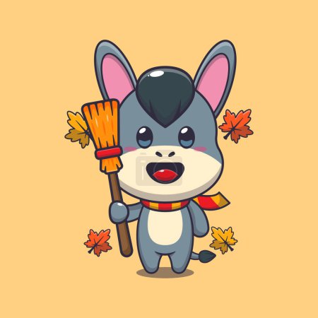 Illustration for Cute autumn donkey holding broom. Mascot cartoon vector illustration suitable for poster, brochure, web, mascot, sticker, logo and icon. - Royalty Free Image