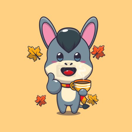 Ilustración de Bonito burro con café en temporada de otoño. Ilustración de vectores de dibujos animados de mascotas adecuada para póster, folleto, web, mascota, pegatina, logotipo e icono. - Imagen libre de derechos