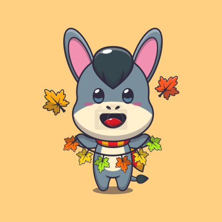 Illustration for Cute donkey with autumn leaf decoration. Mascot cartoon vector illustration suitable for poster, brochure, web, mascot, sticker, logo and icon. - Royalty Free Image