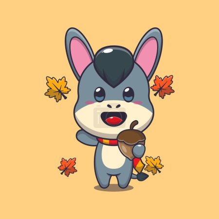 Illustration for Cute donkey with acorns at autumn season. Mascot cartoon vector illustration suitable for poster, brochure, web, mascot, sticker, logo and icon. - Royalty Free Image