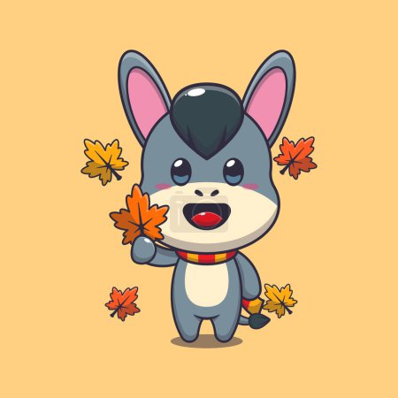 Illustration for Cute donkey holding autumn leaf. Mascot cartoon vector illustration suitable for poster, brochure, web, mascot, sticker, logo and icon. - Royalty Free Image