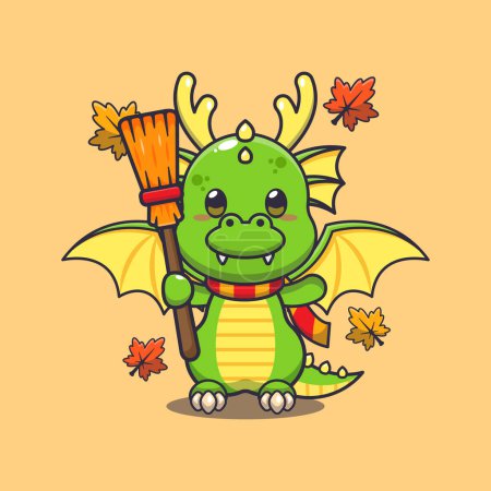 Illustration for Cute autumn dragon holding broom. Mascot cartoon vector illustration suitable for poster, brochure, web, mascot, sticker, logo and icon. - Royalty Free Image