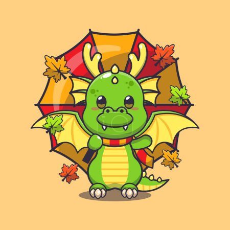 Illustration for Cute dragon with umbrella at autumn season. Mascot cartoon vector illustration suitable for poster, brochure, web, mascot, sticker, logo and icon. - Royalty Free Image
