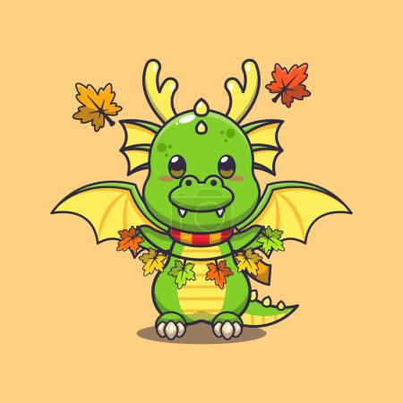 Illustration for Cute dragon with autumn leaf decoration. Mascot cartoon vector illustration suitable for poster, brochure, web, mascot, sticker, logo and icon. - Royalty Free Image