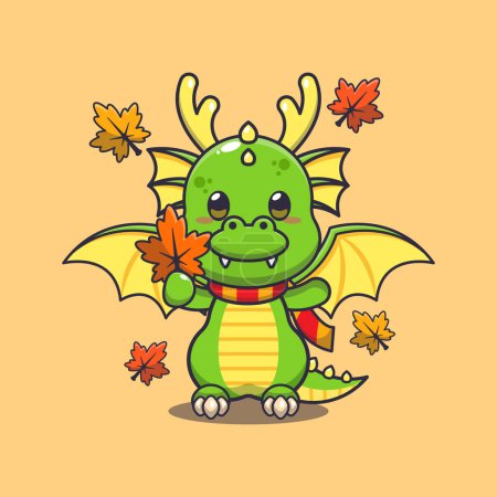 Téléchargez les illustrations : Mignon dragon tenant feuille d'automne. Illustration vectorielle de dessin animé mascotte adaptée à l'affiche, brochure, web, mascotte, autocollant, logo et icône. - en licence libre de droit