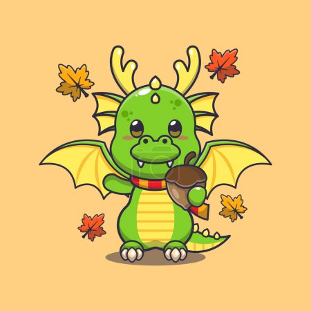 Ilustración de Lindo dragón con bellotas en temporada de otoño. Ilustración de vectores de dibujos animados de mascotas adecuada para póster, folleto, web, mascota, pegatina, logotipo e icono. - Imagen libre de derechos