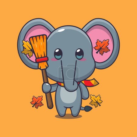 Téléchargez les illustrations : Mignon éléphant d'automne tenant balai. Illustration vectorielle de dessin animé mascotte adaptée à l'affiche, brochure, web, mascotte, autocollant, logo et icône. - en licence libre de droit