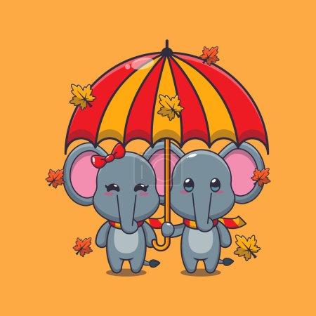 Illustration for Cute couple elephant with umbrella at autumn season. Mascot cartoon vector illustration suitable for poster, brochure, web, mascot, sticker, logo and icon. - Royalty Free Image