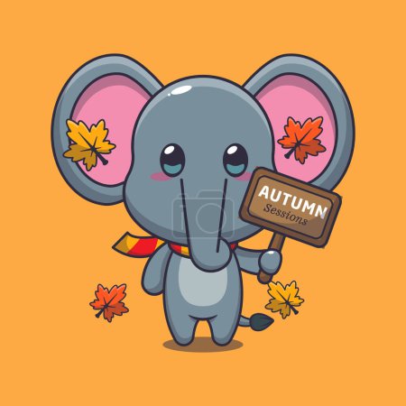 Illustration for Cute elephant with autumn sign board. Mascot cartoon vector illustration suitable for poster, brochure, web, mascot, sticker, logo and icon. - Royalty Free Image
