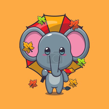Illustration for Cute elephant with umbrella at autumn season. Mascot cartoon vector illustration suitable for poster, brochure, web, mascot, sticker, logo and icon. - Royalty Free Image