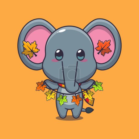 Illustration for Cute elephant with autumn leaf decoration. Mascot cartoon vector illustration suitable for poster, brochure, web, mascot, sticker, logo and icon. - Royalty Free Image