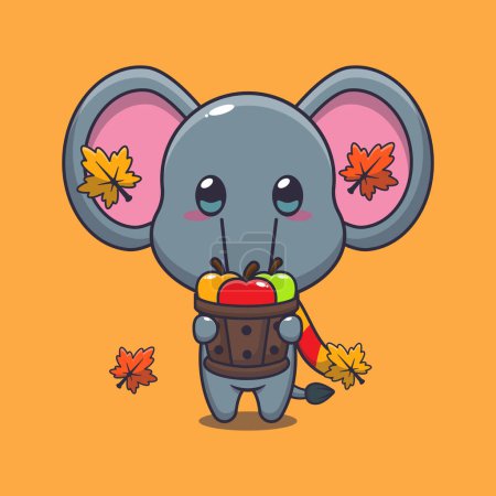 Illustration for Cute elephant holding a apple in wood bucket. Mascot cartoon vector illustration suitable for poster, brochure, web, mascot, sticker, logo and icon. - Royalty Free Image