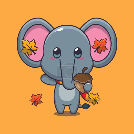 Téléchargez les illustrations : Éléphant mignon avec glands à l'automne. Illustration vectorielle de dessin animé mascotte adaptée à l'affiche, brochure, web, mascotte, autocollant, logo et icône. - en licence libre de droit