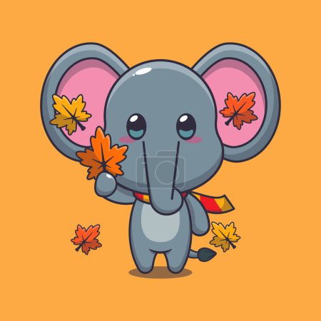 Téléchargez les illustrations : Éléphant mignon tenant feuille d'automne. Illustration vectorielle de dessin animé mascotte adaptée à l'affiche, brochure, web, mascotte, autocollant, logo et icône. - en licence libre de droit