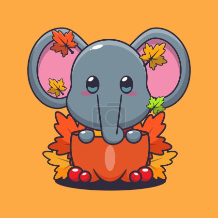 Ilustración de Lindo elefante en una calabaza en la temporada de otoño. Ilustración de vectores de dibujos animados de mascotas adecuada para póster, folleto, web, mascota, pegatina, logotipo e icono. - Imagen libre de derechos