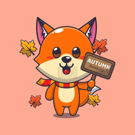 Illustration for Cute fox with autumn sign board. Mascot cartoon vector illustration suitable for poster, brochure, web, mascot, sticker, logo and icon. - Royalty Free Image