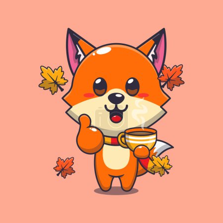 Illustration for Cute fox with coffee in autumn season. Mascot cartoon vector illustration suitable for poster, brochure, web, mascot, sticker, logo and icon. - Royalty Free Image
