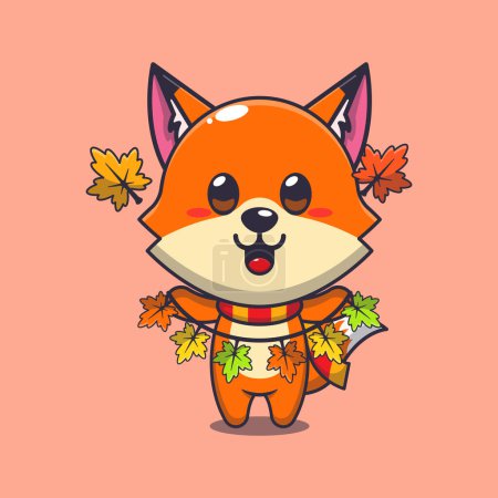Illustration for Cute fox with autumn leaf decoration. Mascot cartoon vector illustration suitable for poster, brochure, web, mascot, sticker, logo and icon. - Royalty Free Image