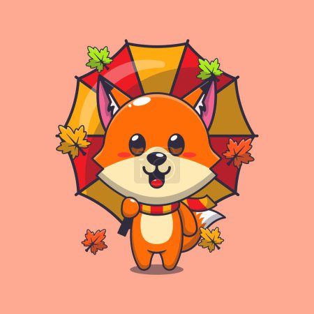 Illustration for Cute fox with umbrella at autumn season. Mascot cartoon vector illustration suitable for poster, brochure, web, mascot, sticker, logo and icon. - Royalty Free Image