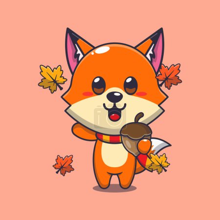 Illustration for Cute fox with acorns at autumn season. Mascot cartoon vector illustration suitable for poster, brochure, web, mascot, sticker, logo and icon. - Royalty Free Image