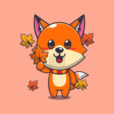 Illustration for Cute fox holding autumn leaf. Mascot cartoon vector illustration suitable for poster, brochure, web, mascot, sticker, logo and icon. - Royalty Free Image