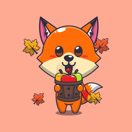 Illustration for Cute fox holding a apple in wood bucket. Mascot cartoon vector illustration suitable for poster, brochure, web, mascot, sticker, logo and icon. - Royalty Free Image