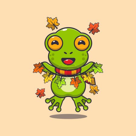 Téléchargez les illustrations : Jolie grenouille avec décoration de feuilles d'automne. Illustration vectorielle de dessin animé mascotte adaptée à l'affiche, brochure, web, mascotte, autocollant, logo et icône. - en licence libre de droit