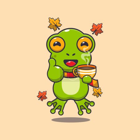 Téléchargez les illustrations : Jolie grenouille avec café en automne. Illustration vectorielle de dessin animé mascotte adaptée à l'affiche, brochure, web, mascotte, autocollant, logo et icône. - en licence libre de droit