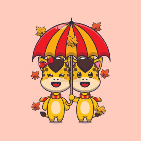 Téléchargez les illustrations : Mignon couple girafe avec parapluie à la saison d'automne. Illustration vectorielle de dessin animé mascotte adaptée à l'affiche, brochure, web, mascotte, autocollant, logo et icône. - en licence libre de droit