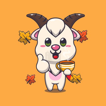 Illustration for Cute goat with coffee in autumn season. Mascot cartoon vector illustration suitable for poster, brochure, web, mascot, sticker, logo and icon. - Royalty Free Image