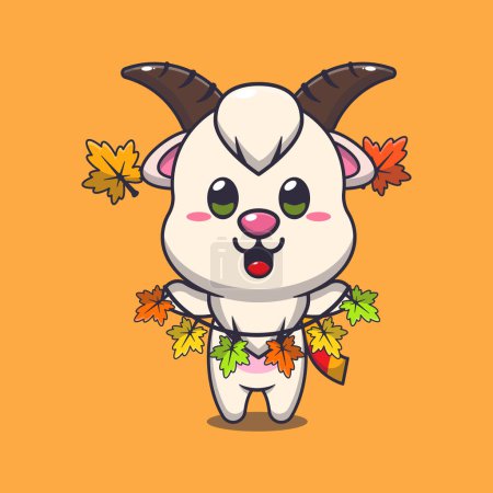 Illustration for Cute goat with autumn leaf decoration. Mascot cartoon vector illustration suitable for poster, brochure, web, mascot, sticker, logo and icon. - Royalty Free Image