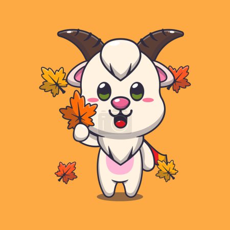 Illustration for Cute goat holding autumn leaf. Mascot cartoon vector illustration suitable for poster, brochure, web, mascot, sticker, logo and icon. - Royalty Free Image