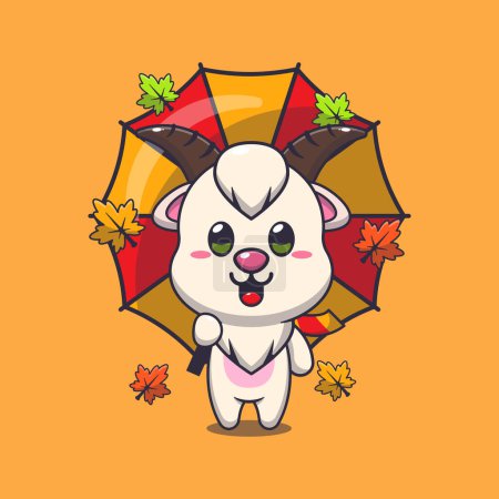 Illustration for Cute goat with umbrella at autumn season. Mascot cartoon vector illustration suitable for poster, brochure, web, mascot, sticker, logo and icon. - Royalty Free Image