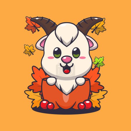 Illustration for Cute goat in a pumpkin at autumn season. Mascot cartoon vector illustration suitable for poster, brochure, web, mascot, sticker, logo and icon. - Royalty Free Image