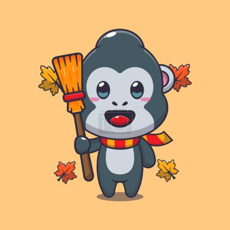 Ilustración de Lindo gorila de otoño sosteniendo escoba. Ilustración de vectores de dibujos animados de mascotas adecuada para póster, folleto, web, mascota, pegatina, logotipo e icono. - Imagen libre de derechos