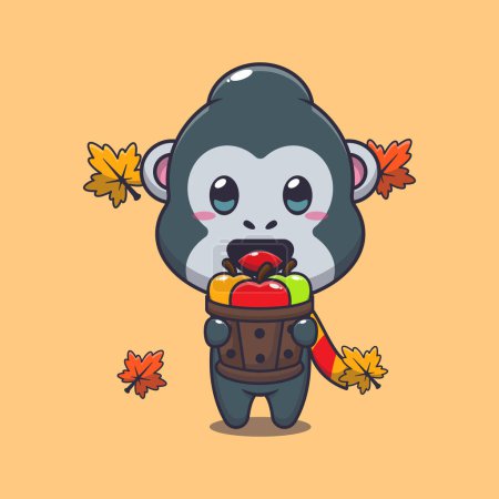 Téléchargez les illustrations : Mignon gorille tenant une pomme dans un seau en bois. Illustration vectorielle de dessin animé mascotte adaptée à l'affiche, brochure, web, mascotte, autocollant, logo et icône. - en licence libre de droit