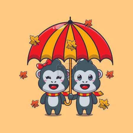 Illustration for Cute couple gorilla with umbrella at autumn season. Mascot cartoon vector illustration suitable for poster, brochure, web, mascot, sticker, logo and icon. - Royalty Free Image